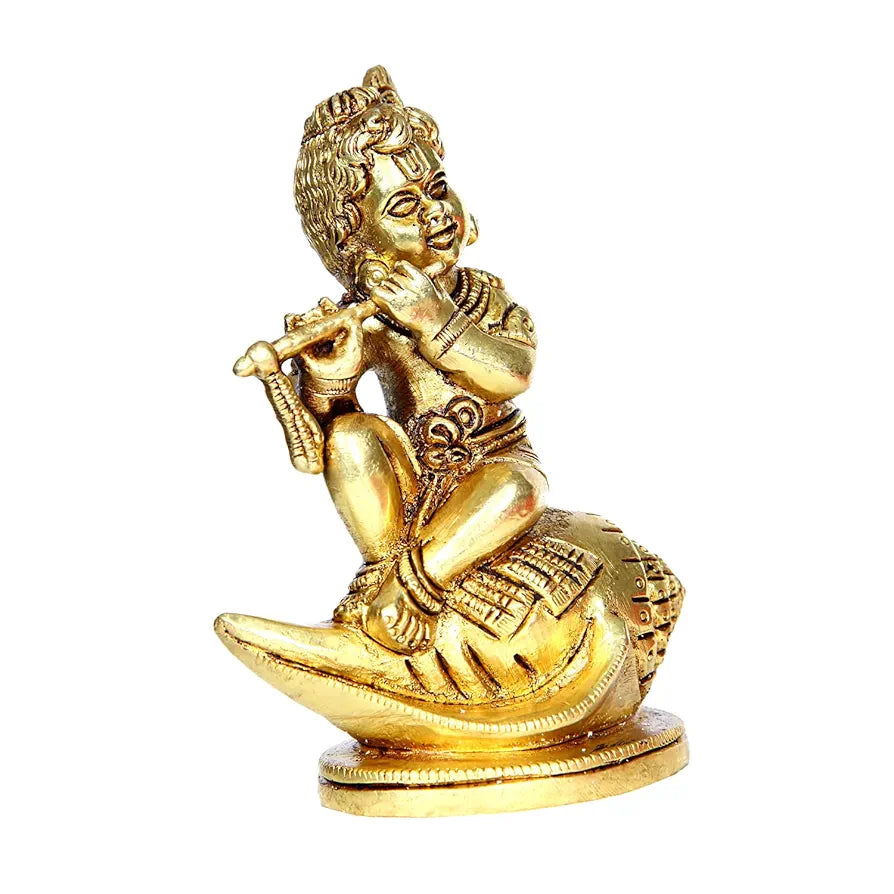 Anciently Shankh Balakrishna Idol Brass | Brass Shank Balakrishna Statue | Shank Krishna Sitting Statue 11.5cm Gold Colour - 