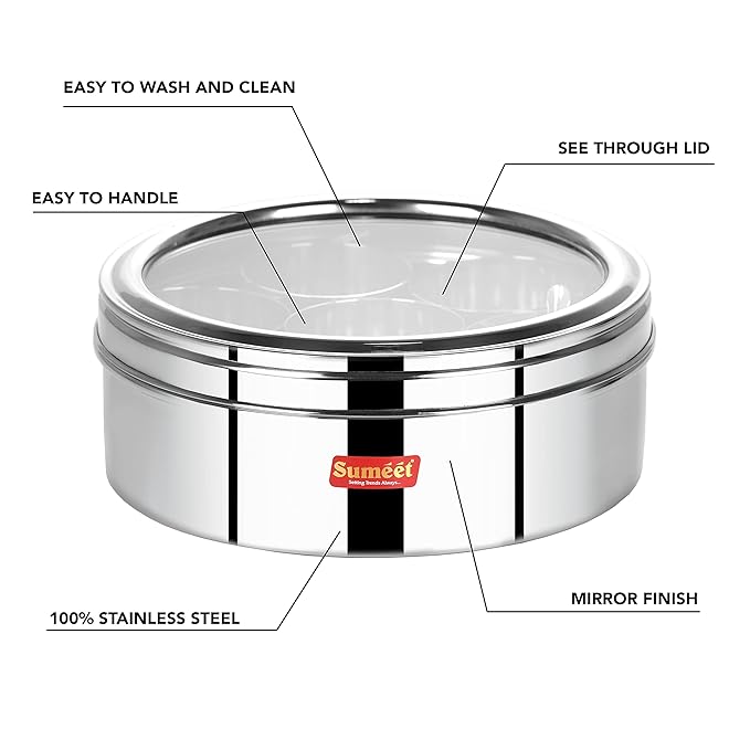 Sumeet Stainless Steel Round Masala (Spice) BoxOrganiser with See Through Lid With 7 Containers