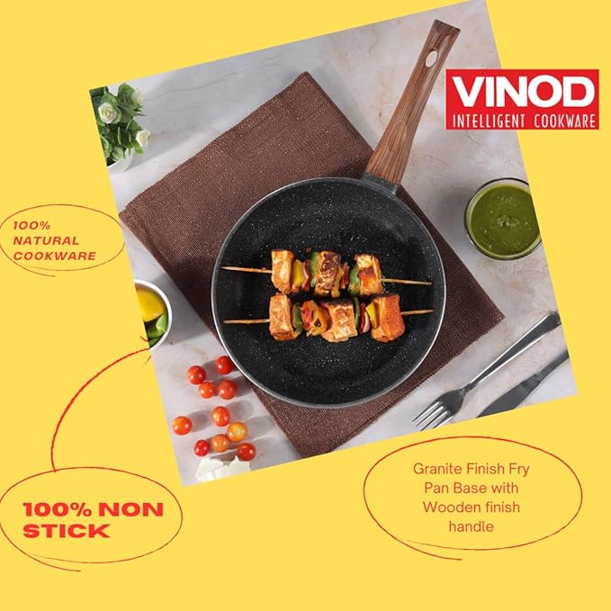 Vinod Zest Plus Die Cast Aluminium Frypan - 24 cm | Skillet Pan for Frying, Saute | 5mm Thick | 5 layer Coating| Wooden Finish Handle