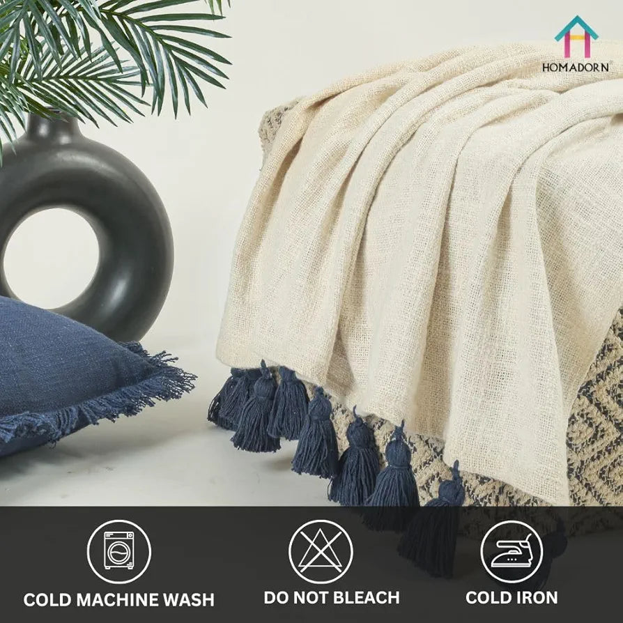 Homadorn 100% Cotton Off White Throw Blanket with Handmade Colorful Tassel Colour Navy Blue
