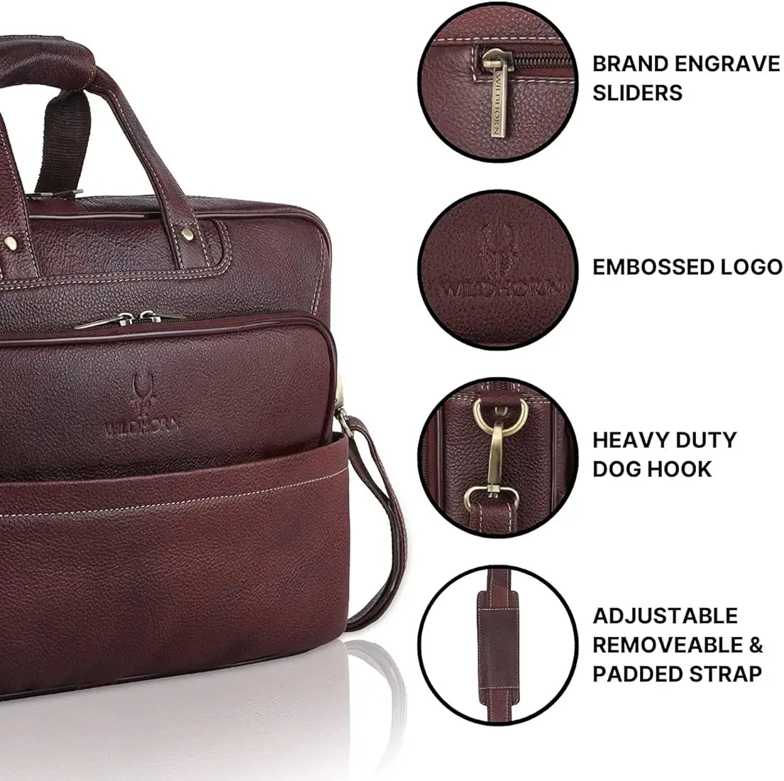 WildHorn Classic Leather 16 inch Laptop Messenger Bag for Men I Office Bags I Travel Bags I Carry Handles with Adjustable Strap I Dimension: L- 16 inch H-12 inch W- 4 inch