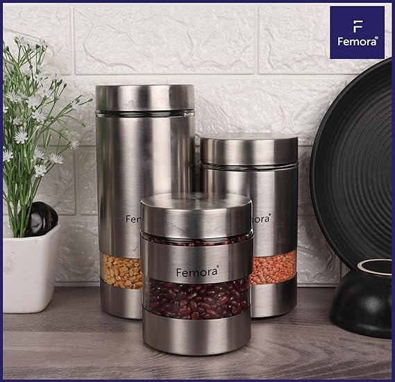 Femora Kitchen Storage Jars Steel Body With See Through Window Jar | 1300 Ml | Pack of 4