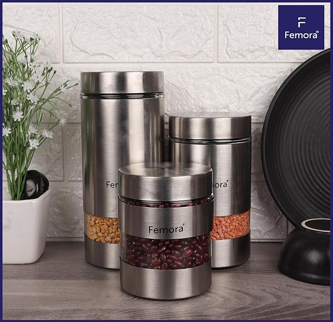 Femora Metallic Clear Glass Kitchen Storage Jar | 1300 Ml | Set of 2