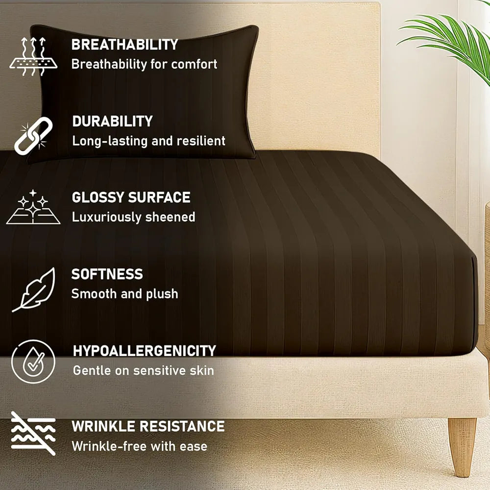 Cloth Fusion Elastic Fitted Glace Cotton Satin Striped Bedsheet Single Size with 1 Pillow Cover Dark Brown