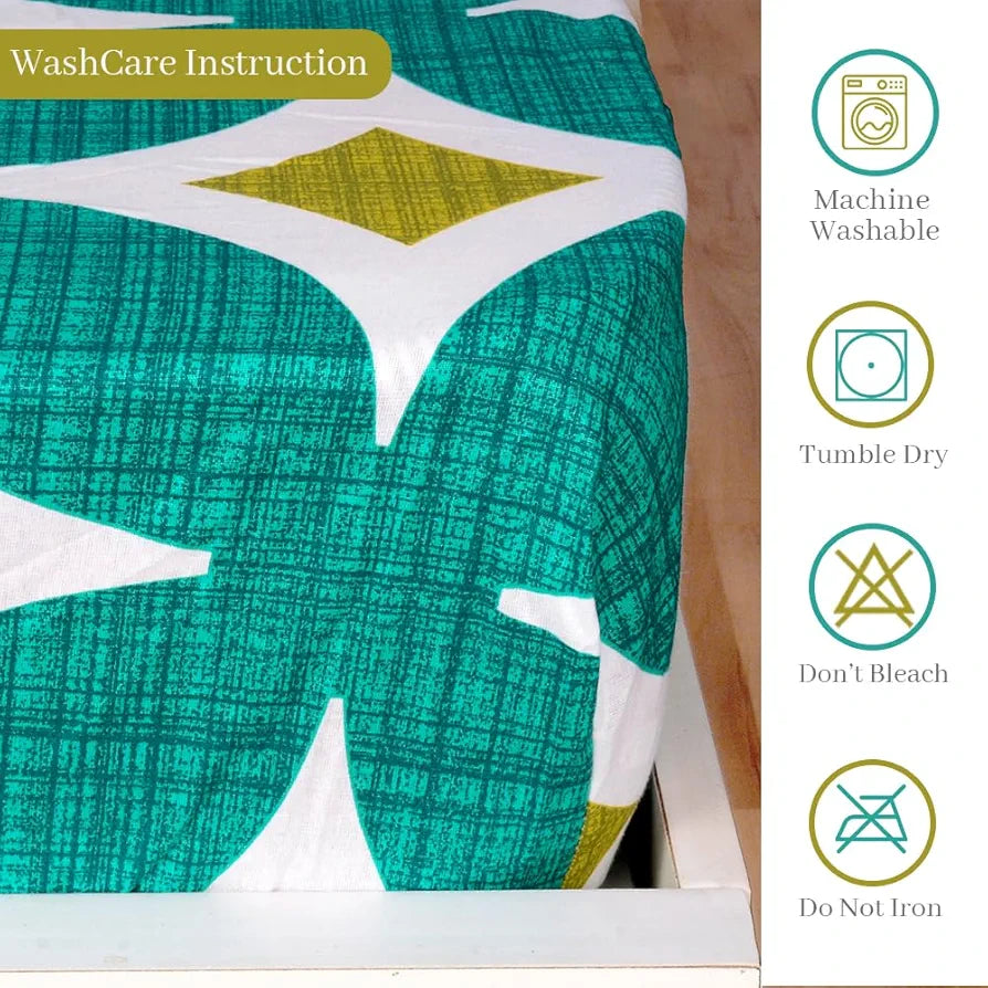 Divine Casa 144 TC Cotton All Around Elastic Fitted Abstract Queen Size Double Bed Bedsheet with 2 Pillow Cover Colour Waterfall