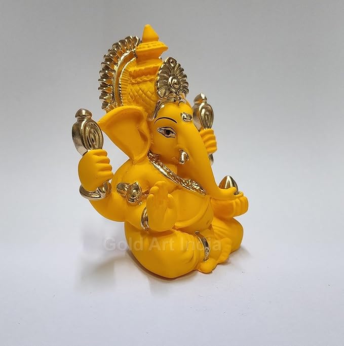 Gold Art India Handcrafted Mango Terracotta Ganesha with Golden Jewelry for Car Dashboard Home Office Decor