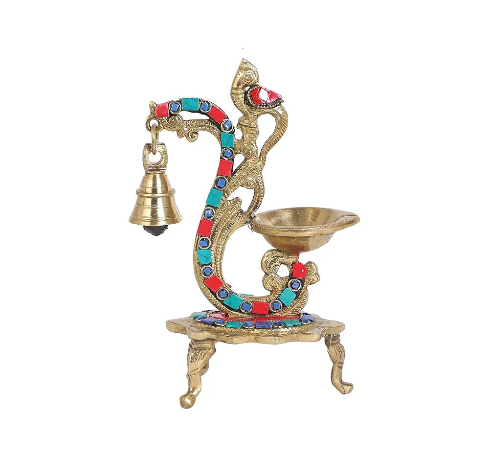 Two Moustaches Gemstone Work Ethnic Carved Peacock Design Brass Diya with Bell