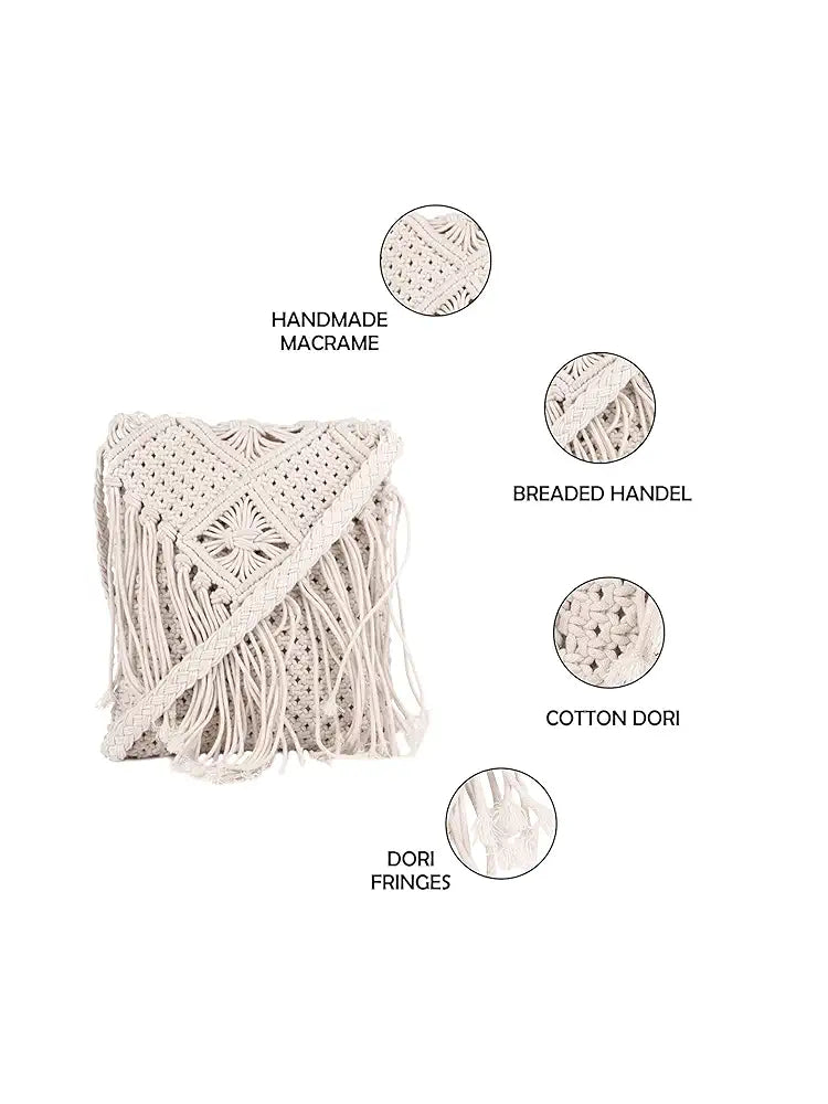 Astrid Handmade Macrame Flap Over Sling Bag For Girls And Women Colour Soothing White Purplish