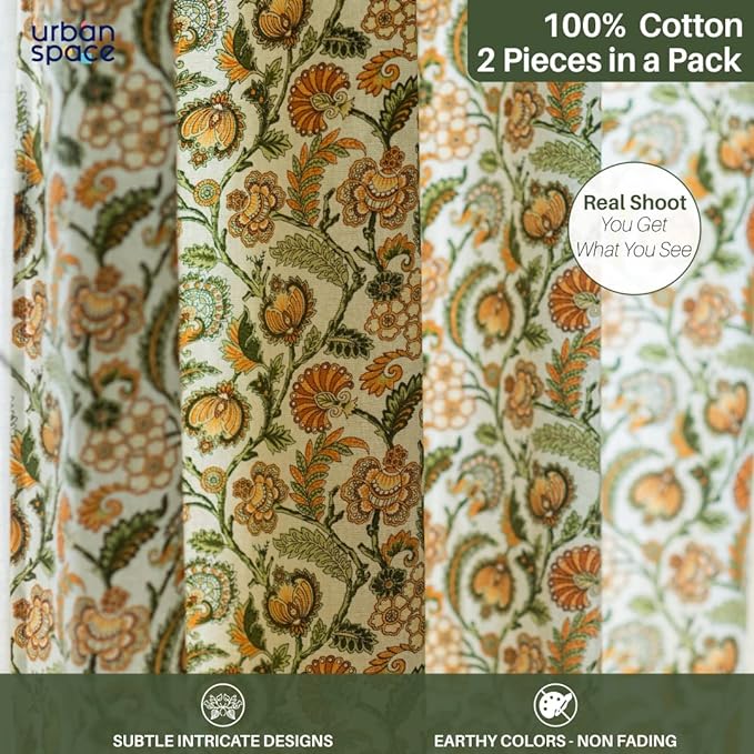 Urban Space Cotton Curtains for Door Set of 2 Curtains with Tieback (Colour Creeper Mustard)