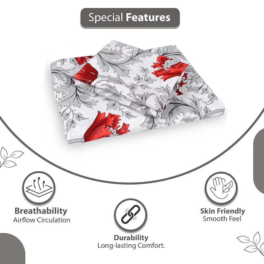 Divine Casa 144 TC 100% Cotton Bedsheet for Double Bed with 2 Pillow Cover Colour Scarlet Grey