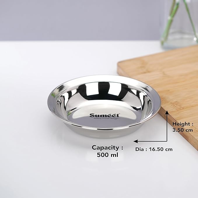 Sumeet Stainless Steel Heavy Gauge Multi Utility Serving Plates with Mirror Finish 16.5cm Dia Set of 6pc Silver