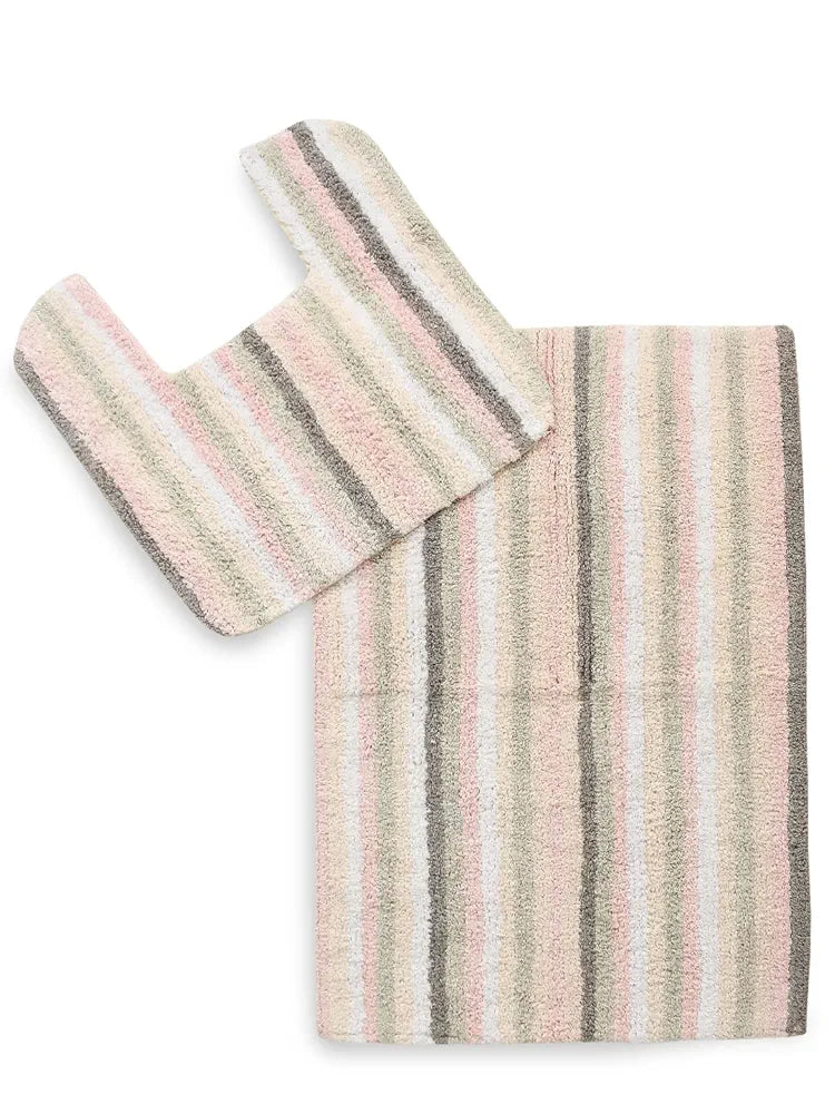 Sashaa World Striped Anti-skid Bathmat & Contour Set Colour Peach White & Grey