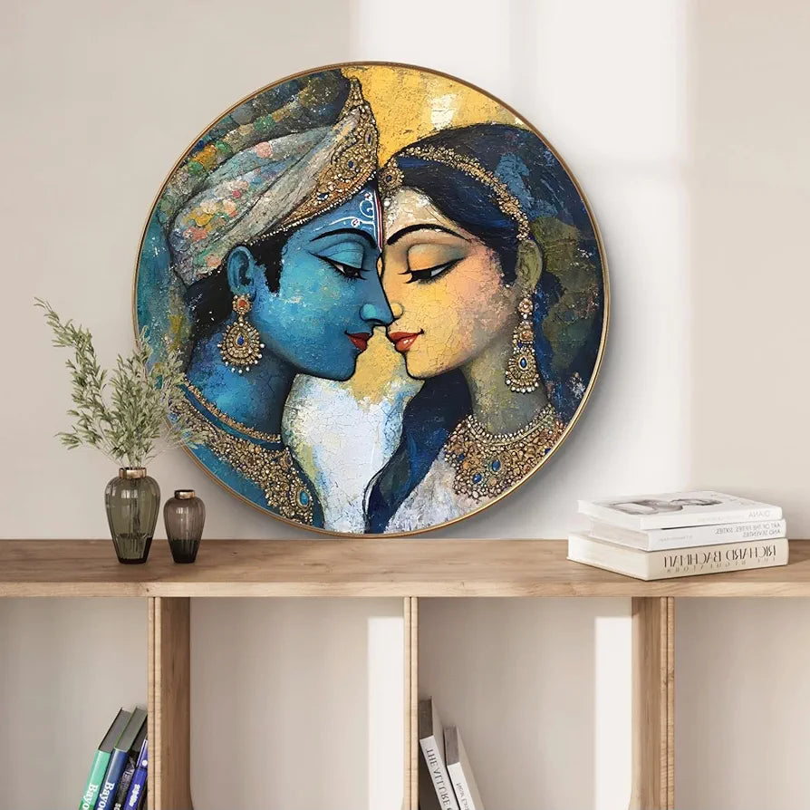 Livin'luxe Paintings Krishna and Radha Abstract Wall Painting with Frame - Sparkle Glossy Round Golden Framed Large