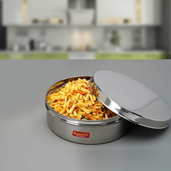 Sumeet Stainless Steel Flat CanisterPuri Dabba Storage Container (2.1Ltr) (20.5cm) Silver