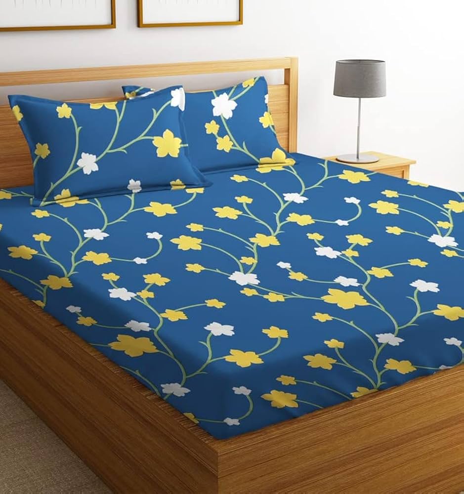 BSB Home Prime Collections 160tc Pure Microfiber Glace Cotton Double Bedsheet with 2 King Size Pillow Covers-Yellow and White