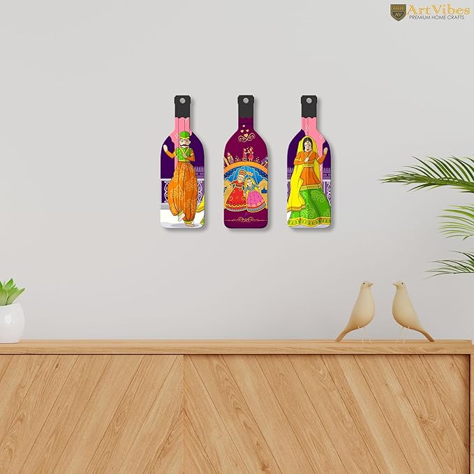 Artvibes Rajasthani Puppet Dance Wooden Wall Hanging for Home Decor | Set of 3