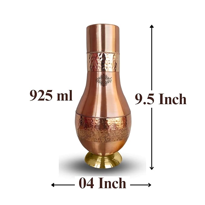 Indian Art Villa Pure Copper Bedroom Water Bottle With Inbuilt Glass Surahi Design With Brass Bottom