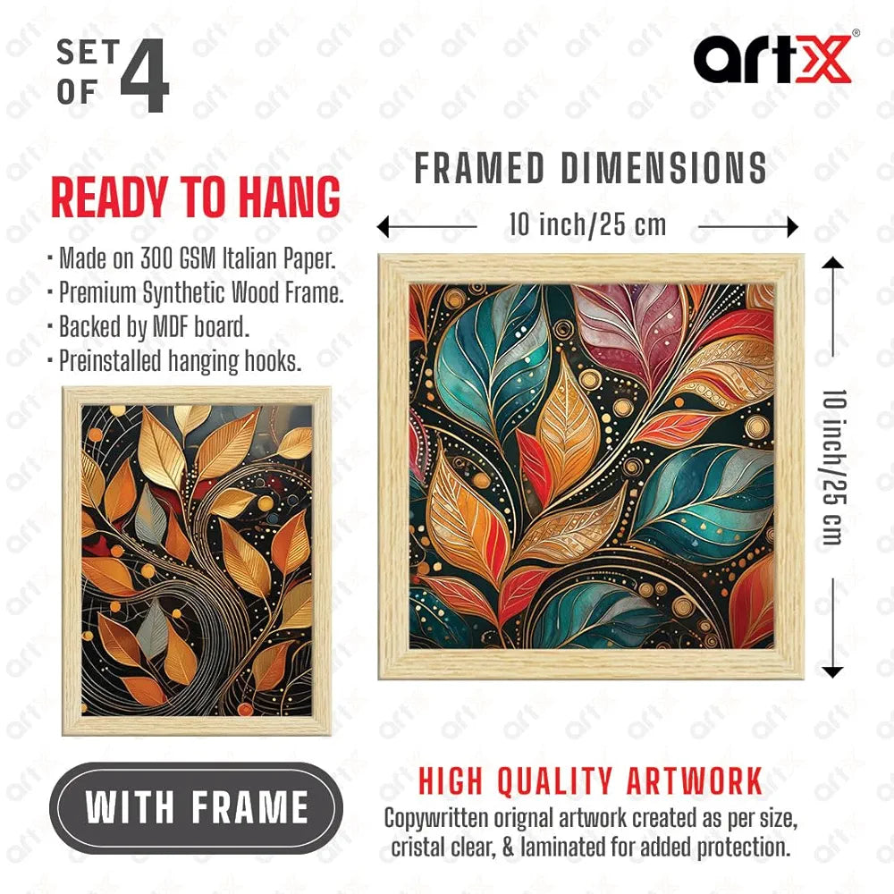 ArtX Paper Golden Mystic Leaves Art Paintings With Frame Set of 4