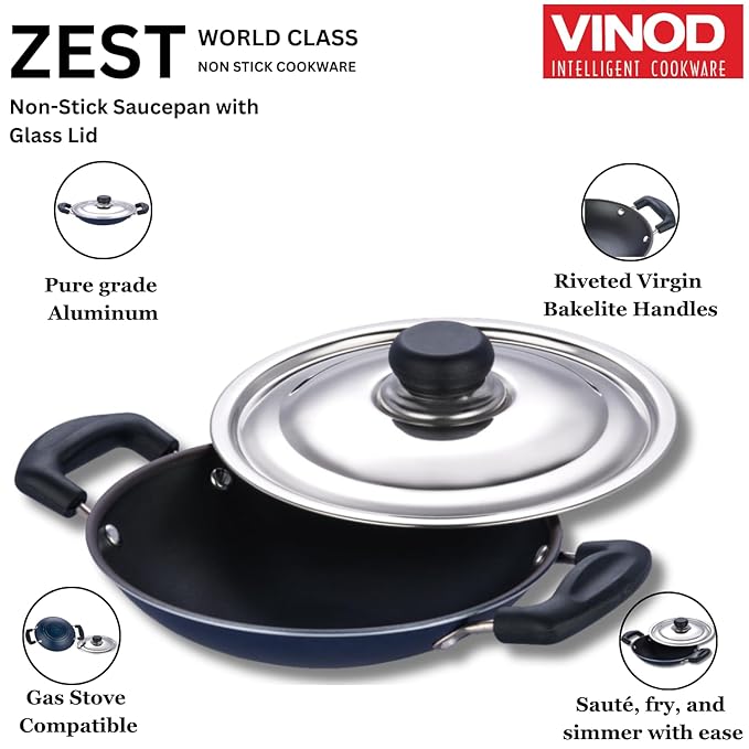 Vinod Zest Non Stick Appachetty with Lid - 20 cm| Appam Pan | 3 mm Extra Thick | 3 Layer Coating