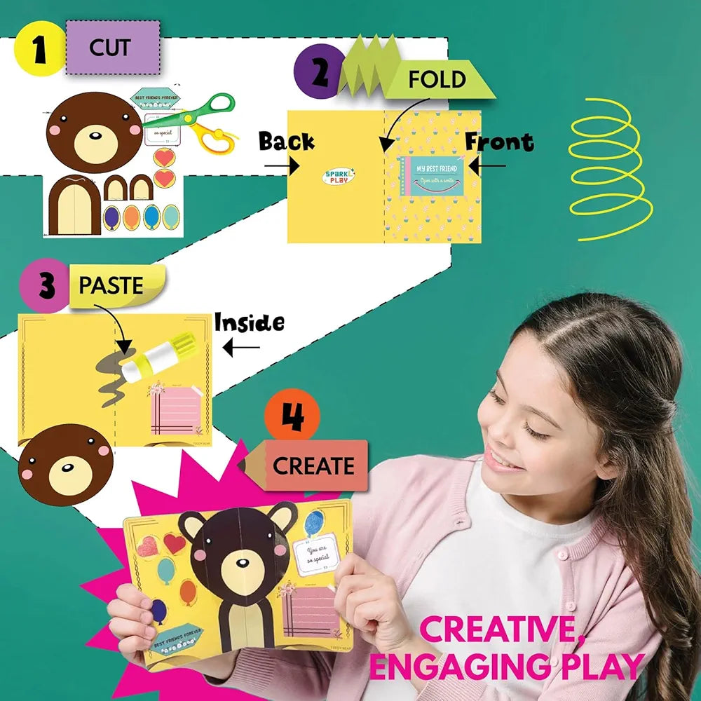 SparkLPlay Greeting Card Making Kit for Kids Ages 4 to 12 | Set of 10 DIY Pop-Up Cards | Art & Craft Kit | Scissor Skills Activity Book | Gift for Girls & Boys | Cards for Friends & Family