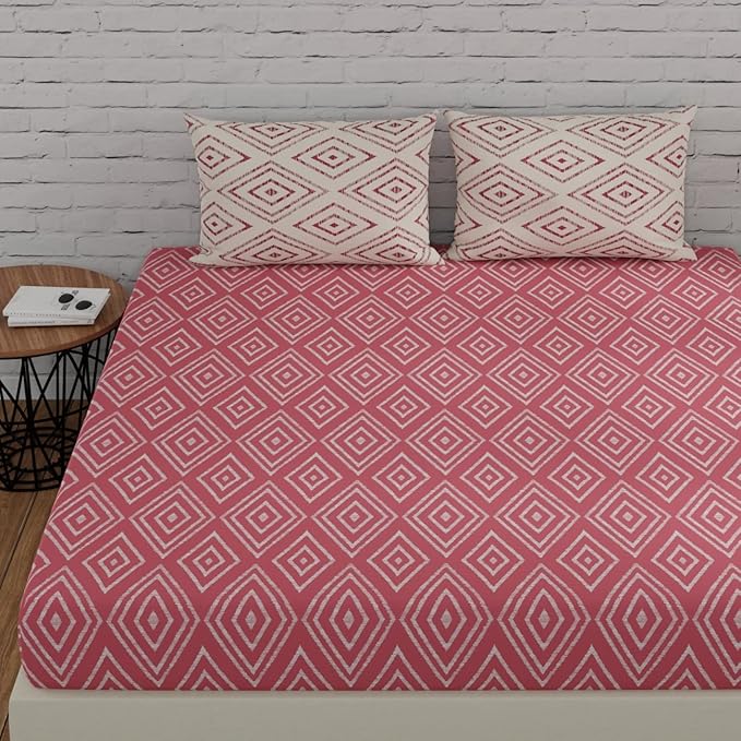 Huesland by Ahmedabad Cotton 144 TC King Size Bedsheet Cotton with 2 Pillow Covers | Peach Pink & White
