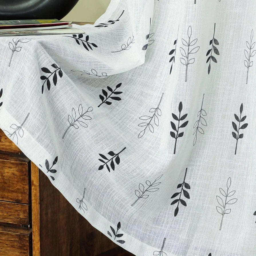 Homadorn Linen Sheer Printed Semi Transparent Curtains for Window Set of 2 Black Foliate