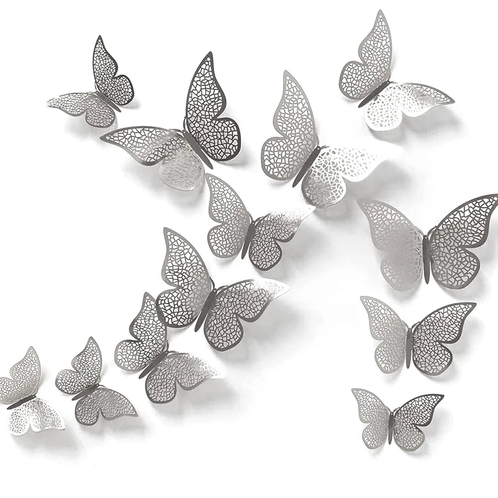 Xtore 12pcs 3D Home Decor Silver Butterfly Beautiful Decor - Silver Pack of 12