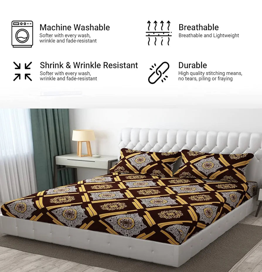 Fresh From Loom Wrinkle Free Hypo-Allergenic Microfiber King Bedsheet For Double Bed Floral Design Bed Spread With 2 Pillow Covers 144 TC Dark Brown