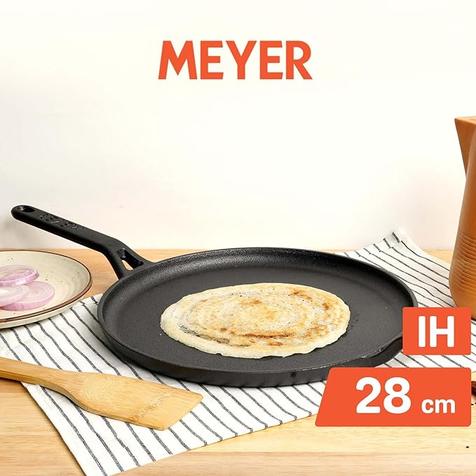 Meyer Pre-Seasoned Cast Iron Flat Dosa|Roti|Chapati Tawa Pan with Stick Handle 28cm|Black