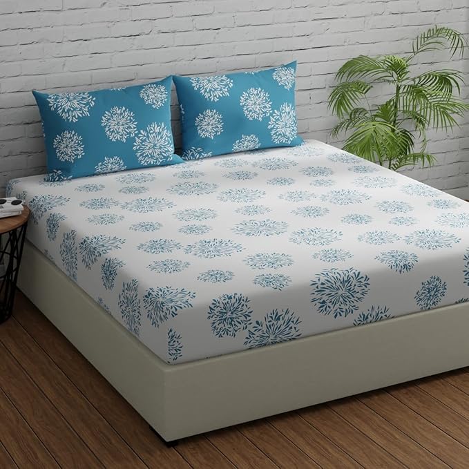 Huesland by Ahmedabad Cotton 144 TC Cotton Bedsheet for Double Bed King Size with 2 Pillow Covers | White & Blue