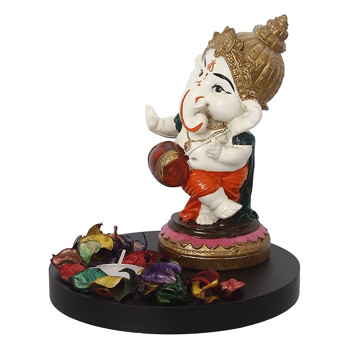 Ecraftindia Colorful Polyresin Lord Ganesha Idol Dancing and Playing Dholak Musical Instrument With Wooden Base