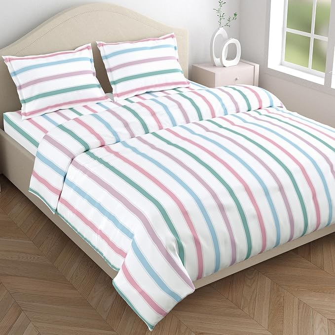 Haus & Kinder Cotton Queen Size Bedsheet for Double Bed (90 X 100 Inches) with 2 Pillow Covers | 186 TC Bed Sheet Blue Spectrum