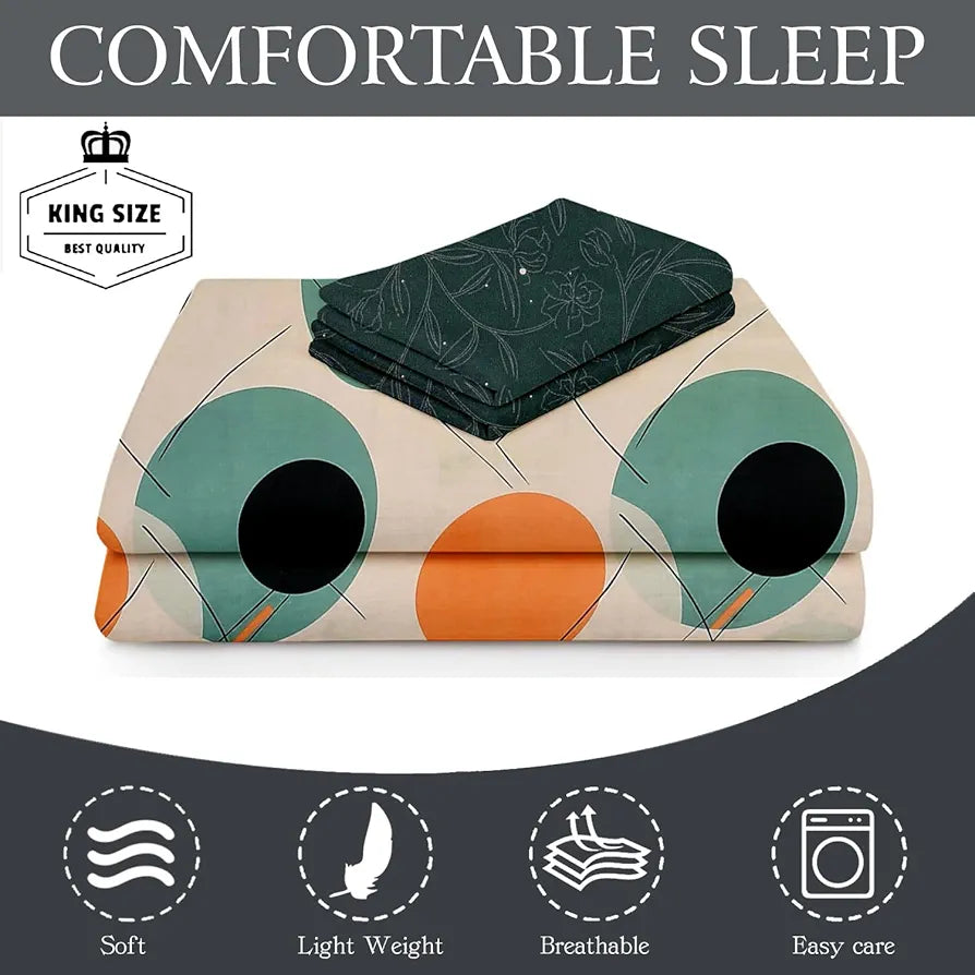 Fresh From Loom Double Bed King Size Bedsheet 240 TC Anti Fade Printed Bed Cover with 2 Pillow Cover Oval Seegreen