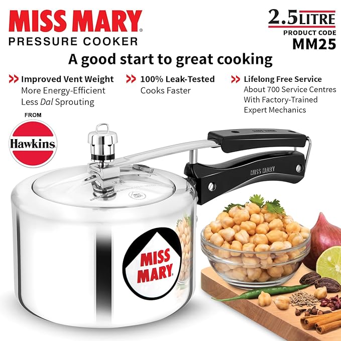 Hawkins 2.5 Litre Miss Mary Pressure Cooker Inner Lid Cooker Silver