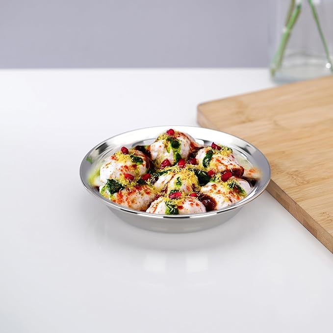 Sumeet Stainless Steel Heavy Gauge Multi Utility Serving Plates with Mirror Finish 16.5cm Dia Set of 6pc Silver