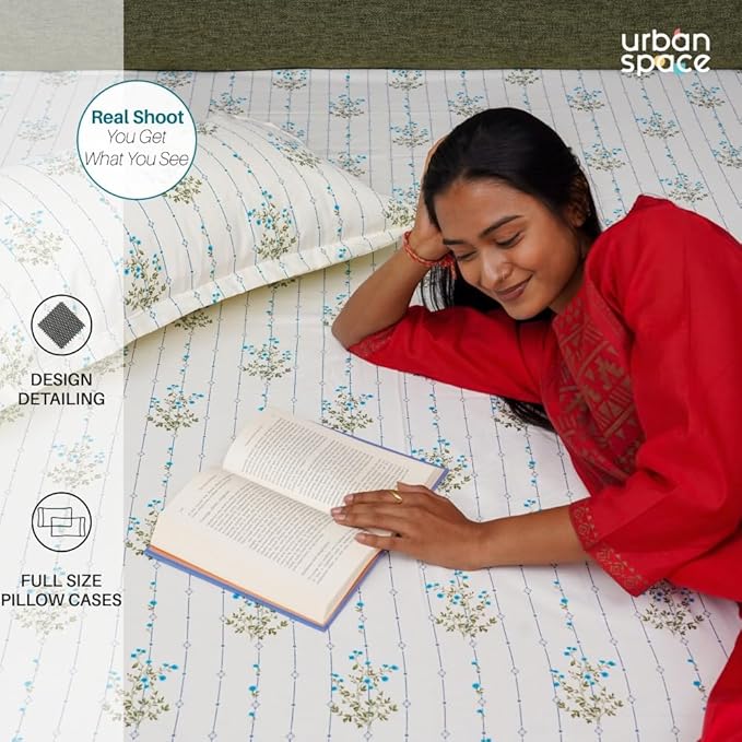 Urban Space Serene Bedsheet for Double Bed 2 Pillow Covers (Colour Sedum Blue)