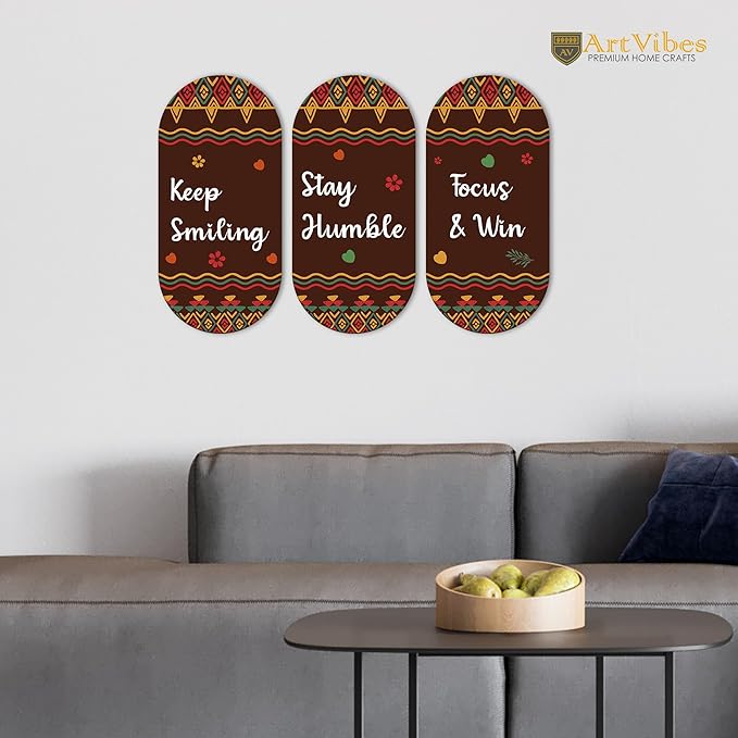 Artvibes Keep Smiling Positive Quotes Printed Wooden Wall Hanger for Home | Artworks | Set of 3