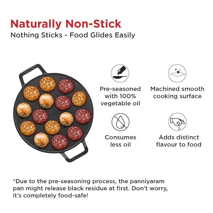 Vinod Legacy Cast Iron Stick Free Paniyarakkal Pan - 15 Cups | 25cm