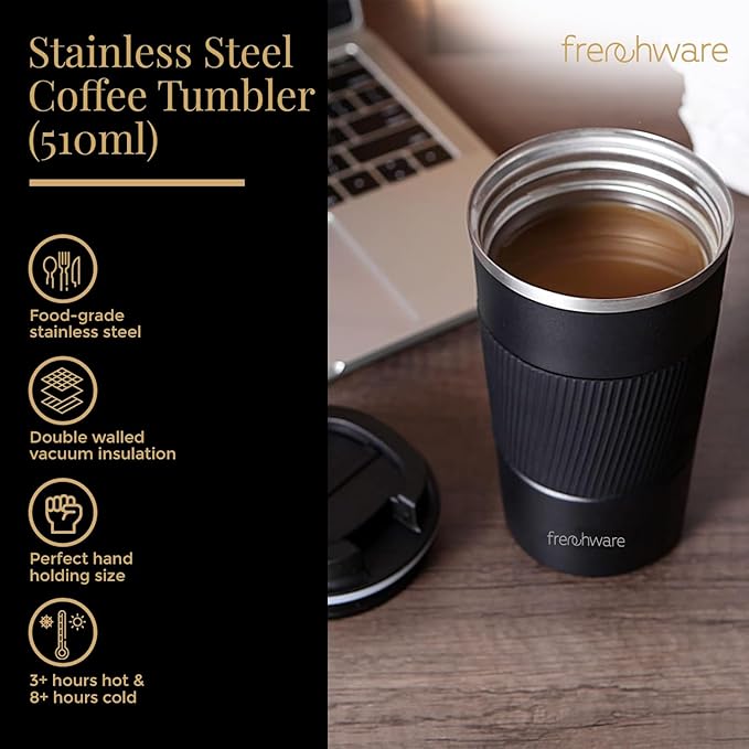 Frenchware Coffee Mug | 510 Ml | Tumbler, Flask for Tea Coffee, Insulated Coffee Mug | Coffee Mug With Leakproof Lid | Black