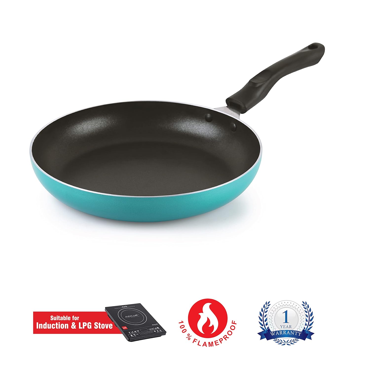 Cello Non Stick Fry Pan Induction Base with Detachable Handle, 24cm, Green | Cookware with Non Stick Coating