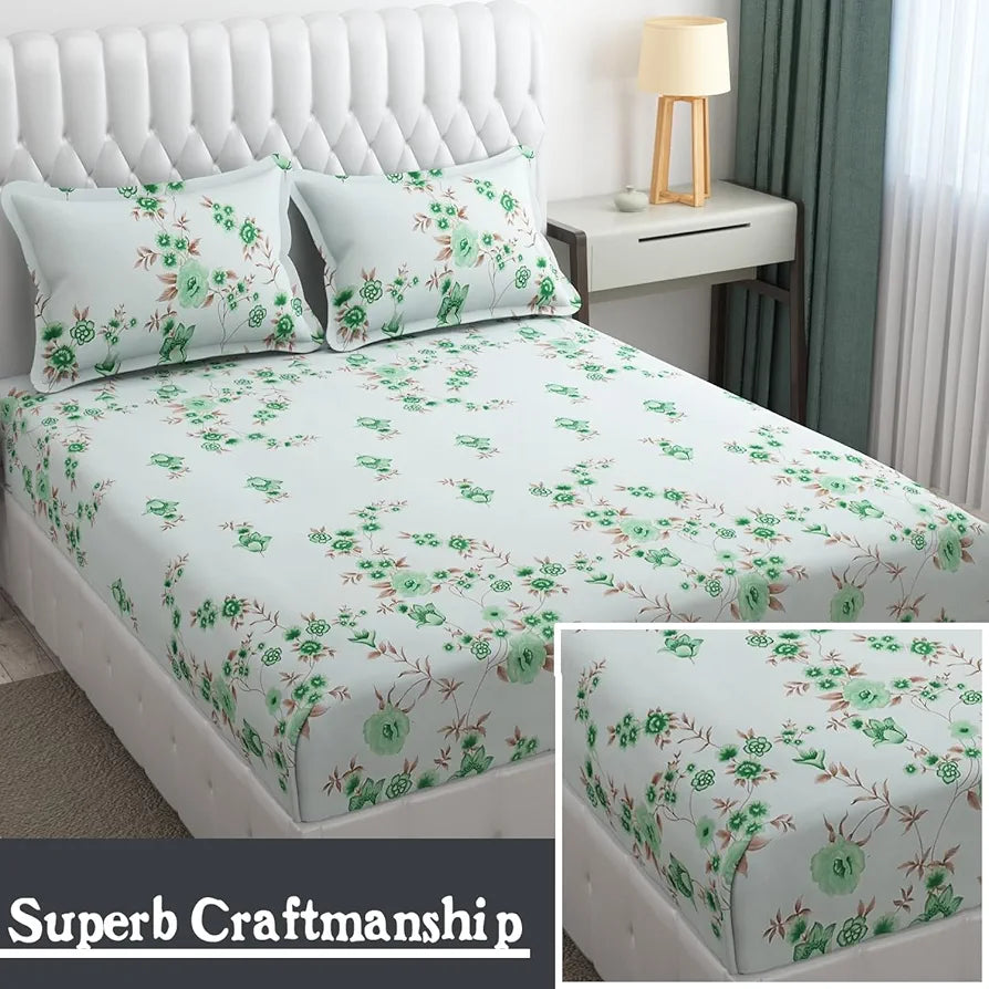 Fresh From Loom Microfiber Rotary Printed Bed Sheet Set King Size Hypoallergenic Wrinkle Free with 2 Pillow Covers Cyan Floral Design