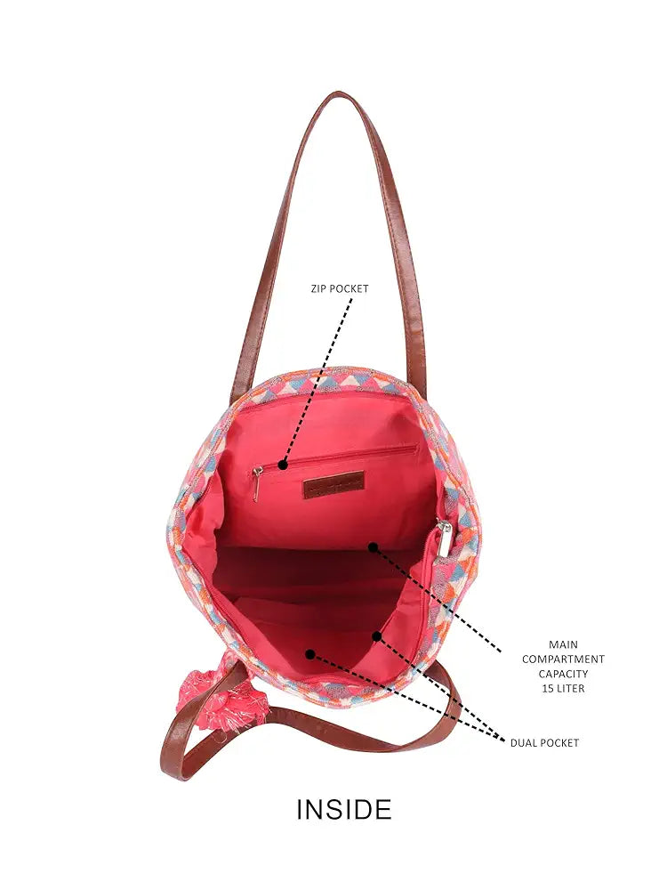 Astrid Handmade Macrame Flap Over Sling Bag For Girls And Women Colour Peachy White Triangles