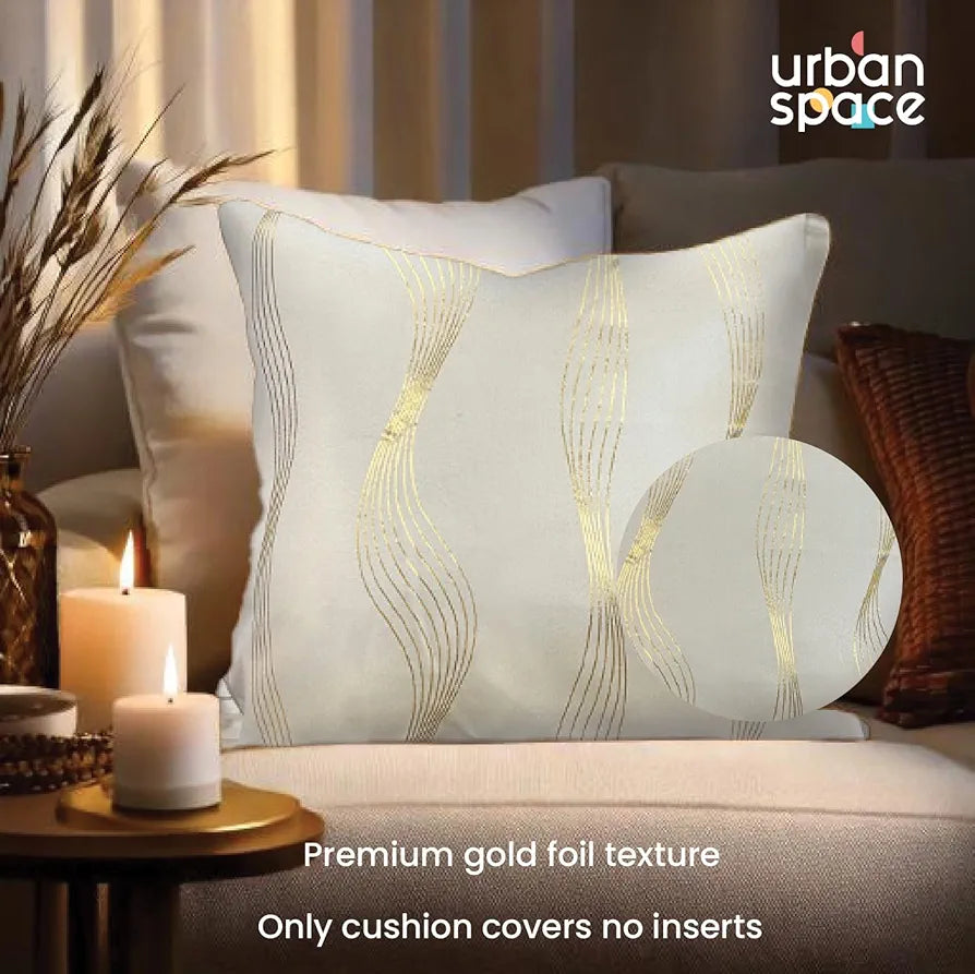 Urban Space Decorative Gold Foil Cushion Cover Set of 2 Cushion Covers for Sofa, Bedroom, Living Room Double Wave Beige