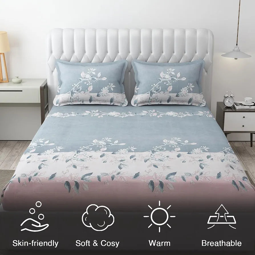 Fresh From Loom Double Bed King Size Floral Design Bed Spread with 2 Pillow Covers 144 TC Walnut Grey