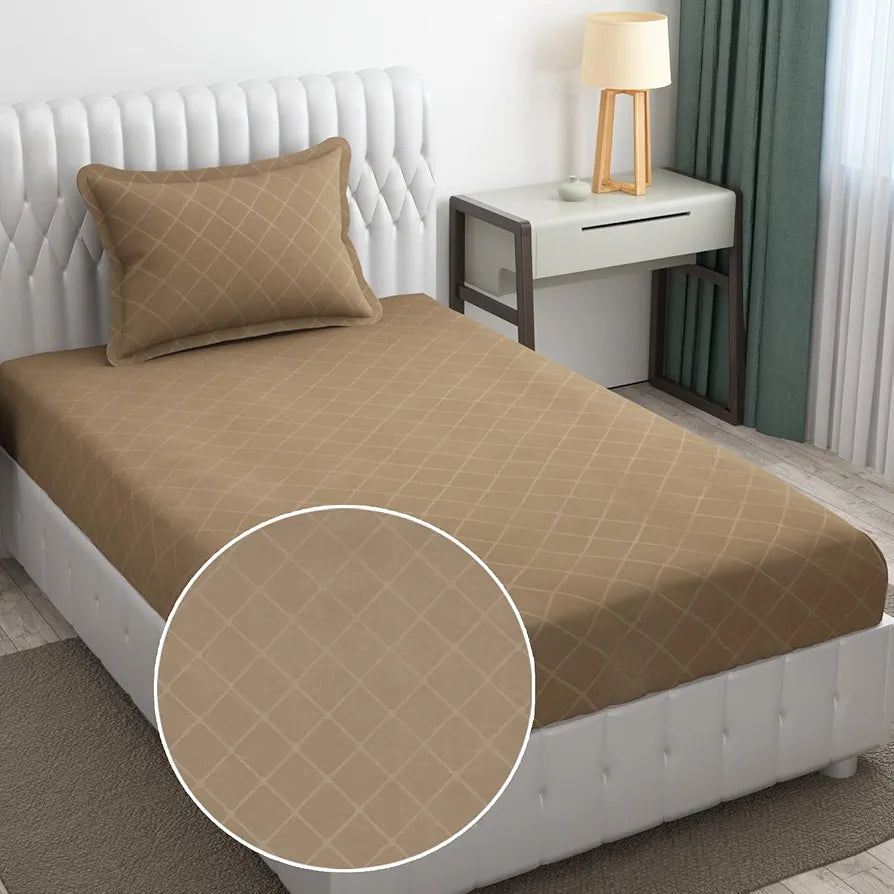 Fresh From Loom Single Bedsheet Microfiber Rotary Printed with 1 Pillow Covers 144 TC Dark Beige Barfi