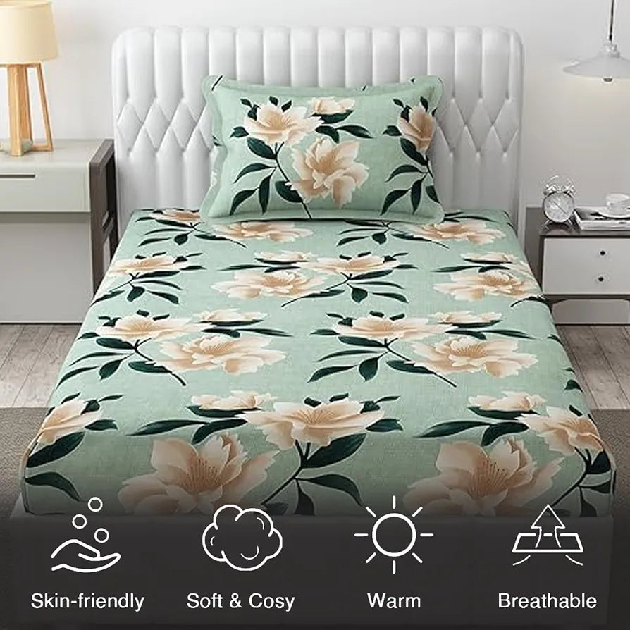 Fresh From Loom Single Bed Floral Design Microfiber Single Bedsheet Includes 1 Pillow Covers 144 TC Sea Green