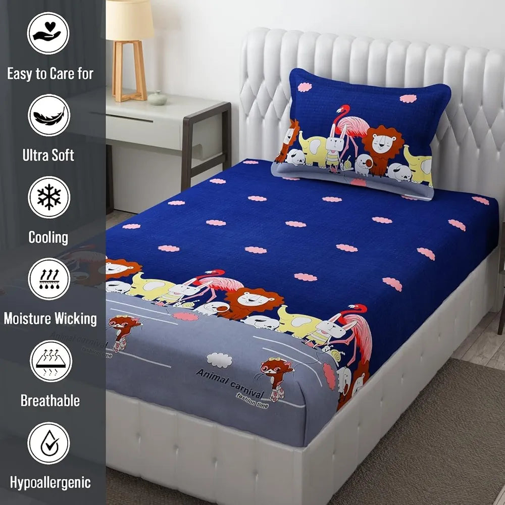 Fresh From Loom Glace Cotton 300 tc Wrinkle Free Soft Hypoallergenic Elastic Fitted Cartoon Printed Bedsheets For Kids With 1 Pillow Jungle Blue Smallsingle