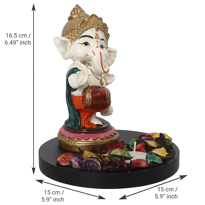 Ecraftindia Colorful Polyresin Lord Ganesha Idol Dancing and Playing Dholak Musical Instrument With Wooden Base