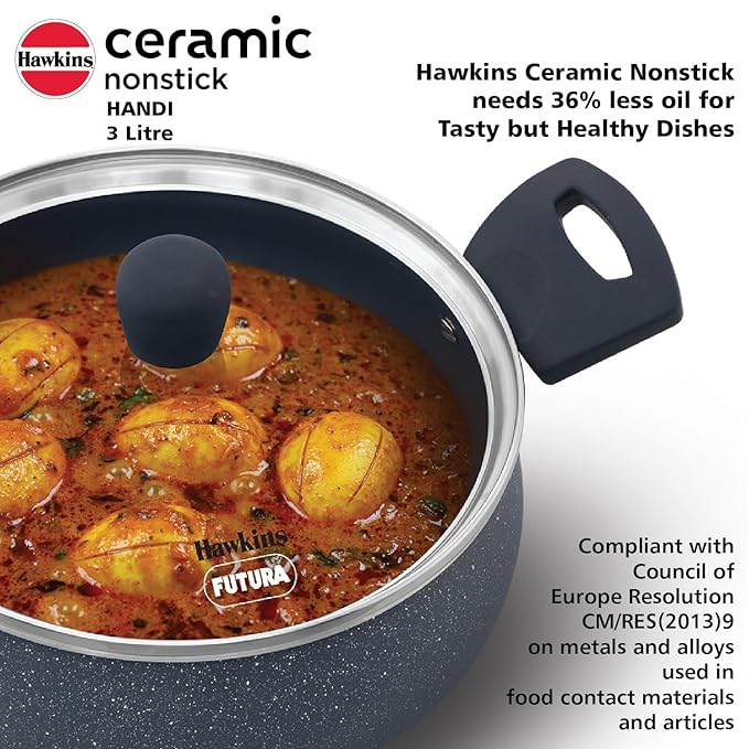 Hawkins Ceramic Nonstick Handi with Glass Lid 3 litre Induction Granite Casserole