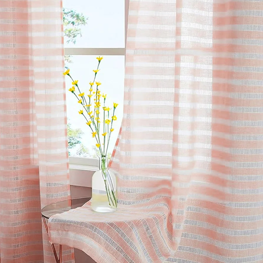 Urban Space Polyester Striped Aari Collection Weaved Sheer Curtains for Window 5ft Long Light Filtering Curtains with Eyelets and TieBack, Set of 2 Decorative Curtains Horizontal Weaves Peach